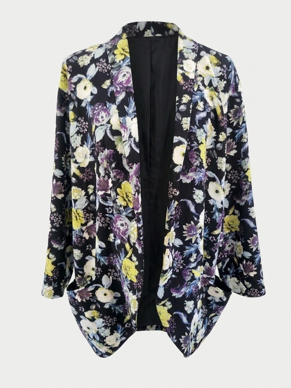 H&M Black Floral Open-Front Blazer with Yellow and Purple Accents